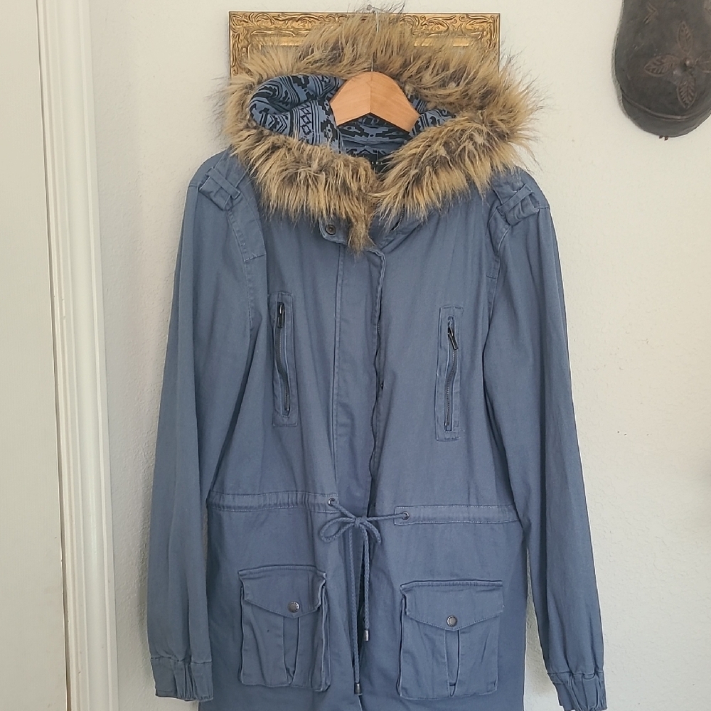 Women's Blue Parka with Faux Fur Hood